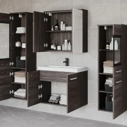 Garnero Arredamenti Mobile Bagno Sospeso-Mobile bagno sospeso 60cm con lavabo, specchio e 2 colonne Luz Rovere Grigio