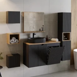 Garnero Arredamenti Mobile Bagno Sospeso-Mobile bagno sospeso 100cm cannettato con portabiancheria nero rovere Cleany