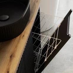 Garnero Arredamenti Mobile Bagno Sospeso-Mobile bagno sospeso 100cm cannettato con portabiancheria nero rovere Cleany