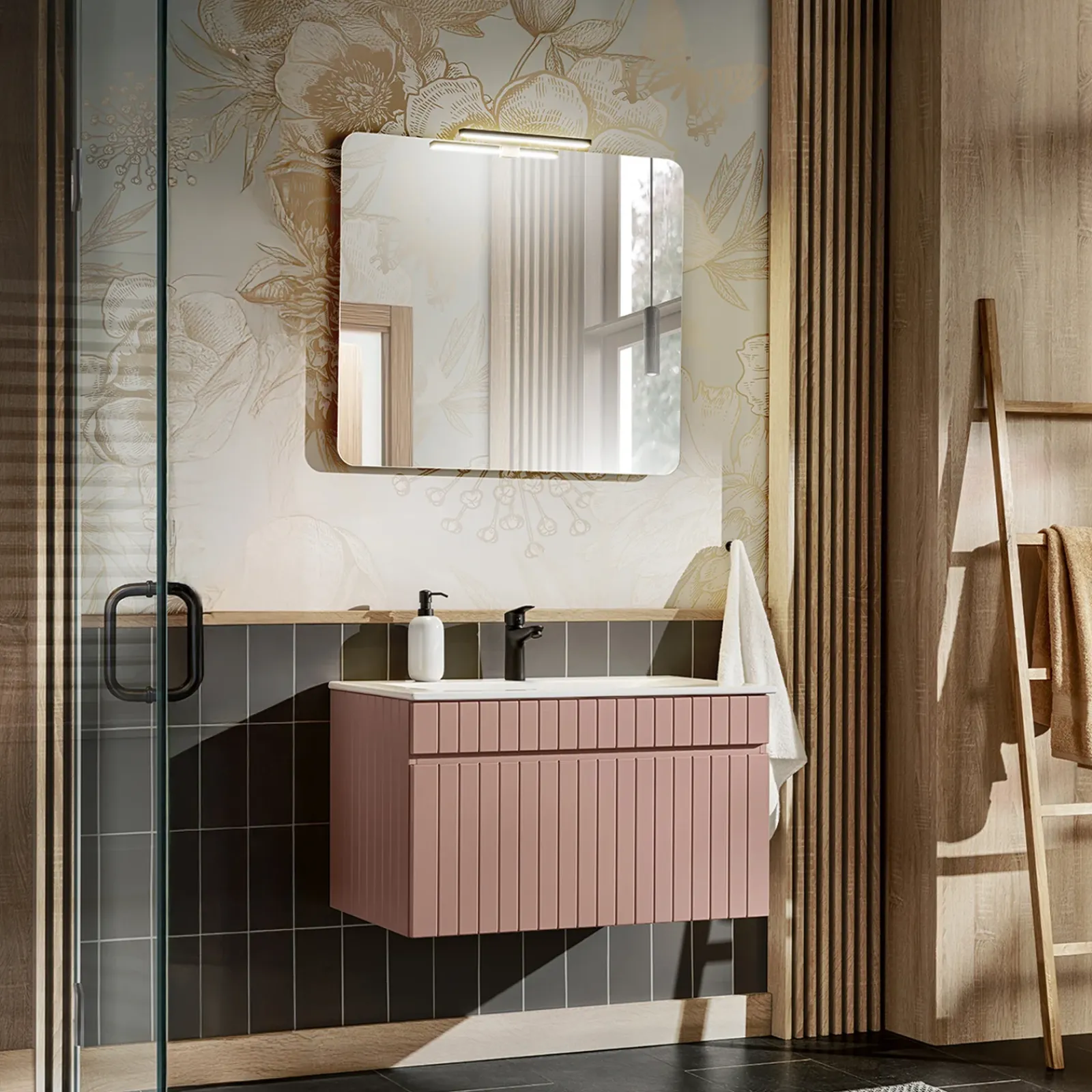 Garnero Arredamenti Mobile Bagno Sospeso-Mobile bagno sospeso 80cm cannettato con lavabo 1 cassettone Autentic Rosa
