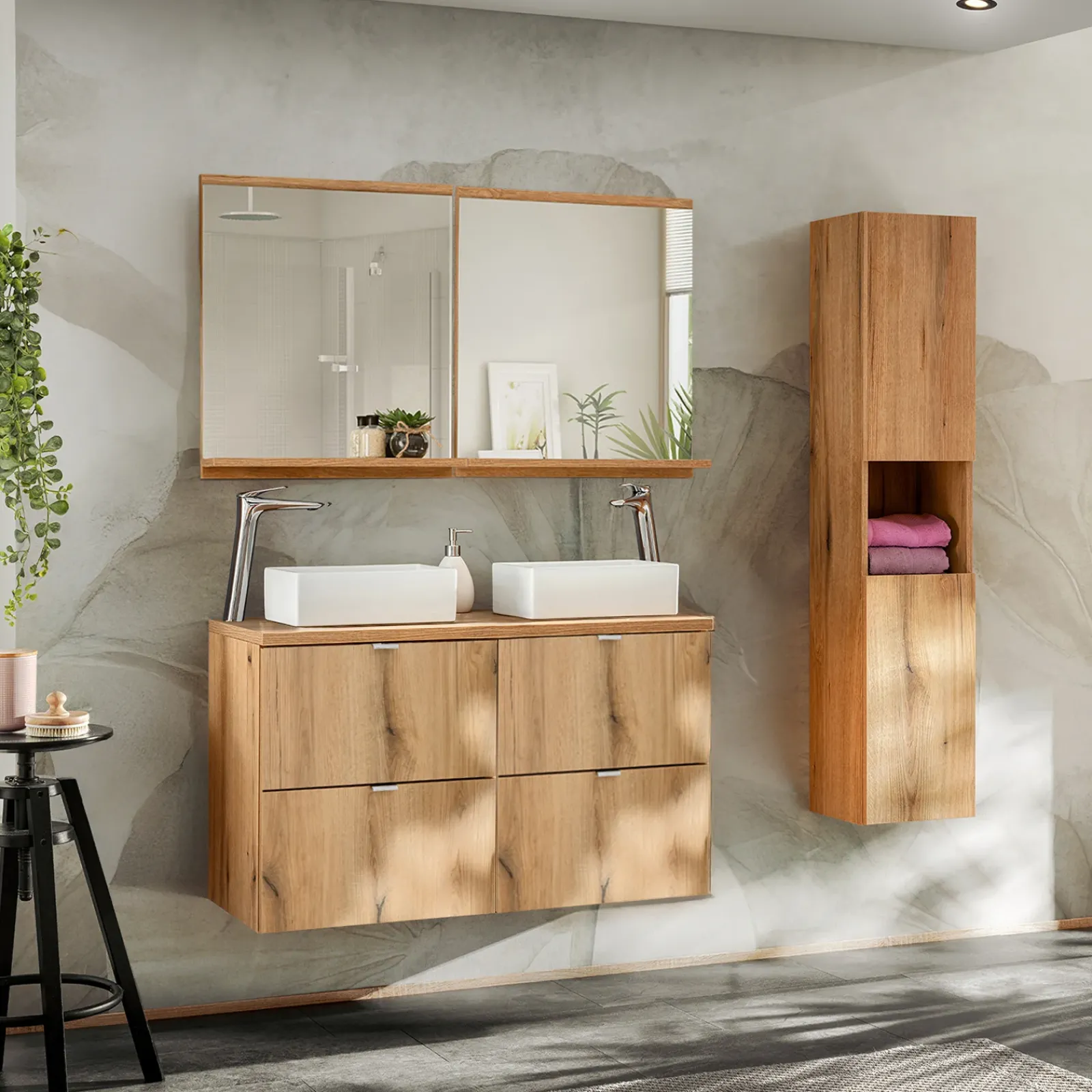 Garnero Arredamenti Mobile Bagno Sospeso-Mobile bagno sospeso 100cm con 2 lavabi e colonna rovere Rovery