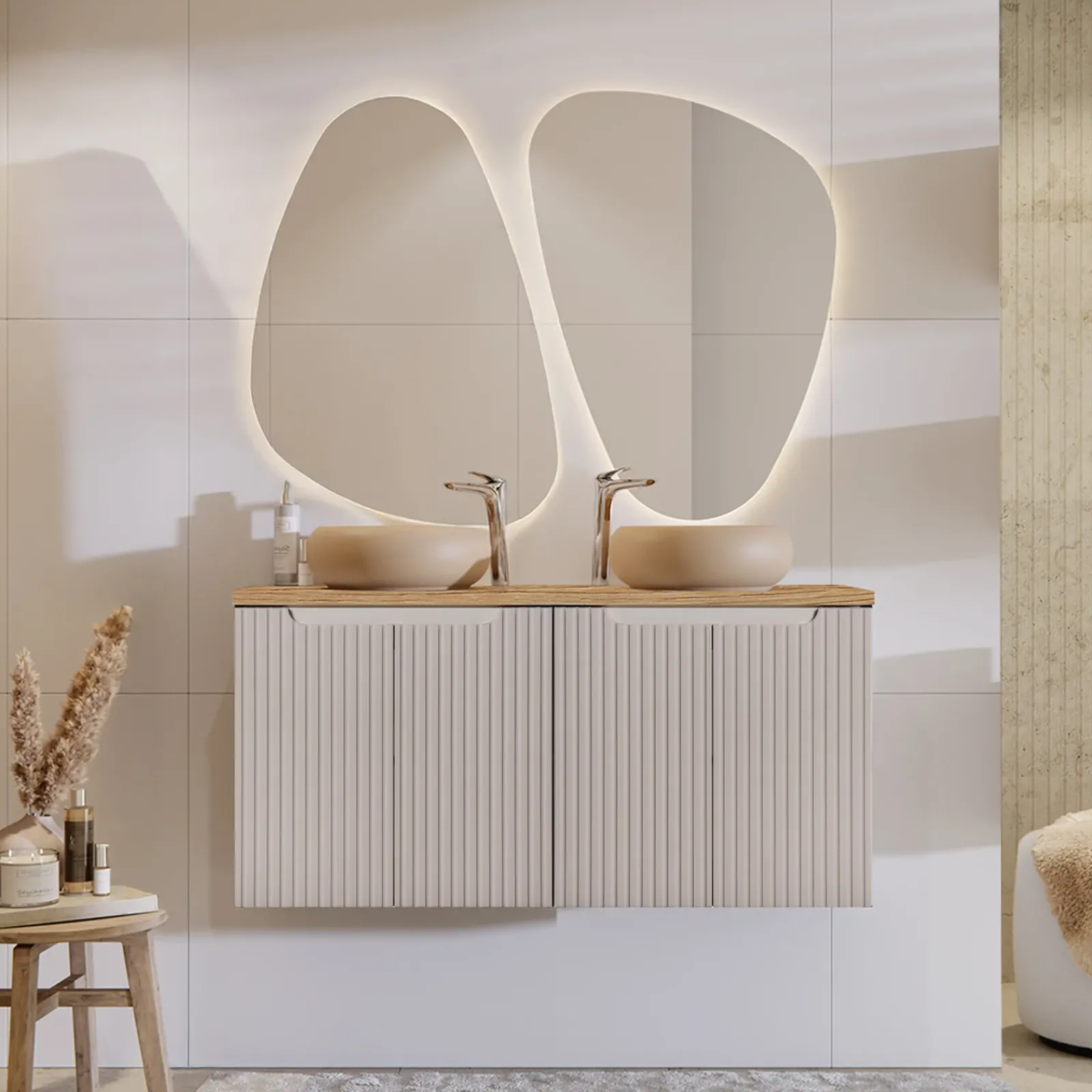 Garnero Arredamenti Mobile Bagno Sospeso-Mobile bagno sospeso 120cm cannettato 4 ante beige rovere Cleany