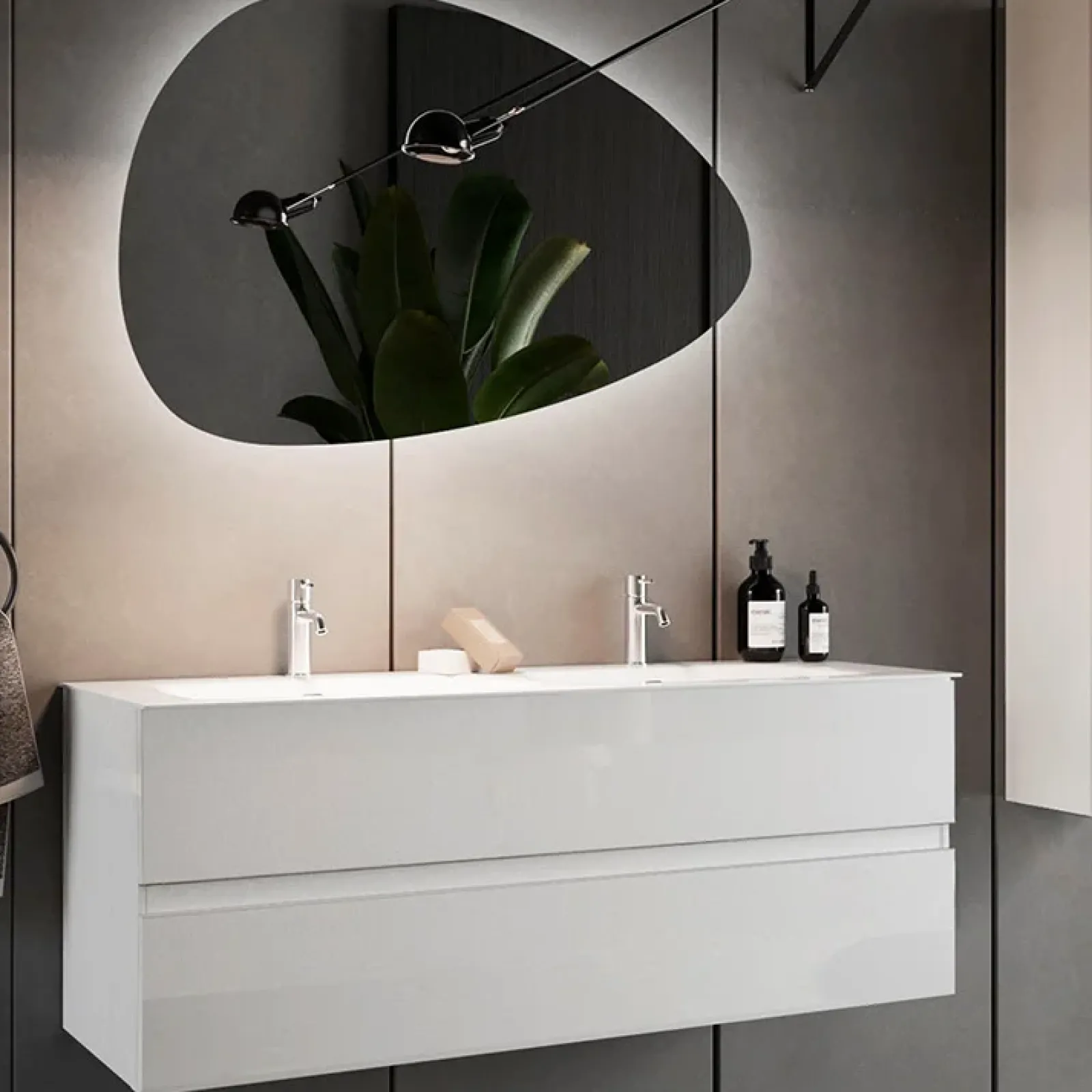 Garnero Arredamenti Mobile Bagno Sospeso-Mobile bagno sospeso 120cm con doppio lavabo e specchio bianco lucido Moon