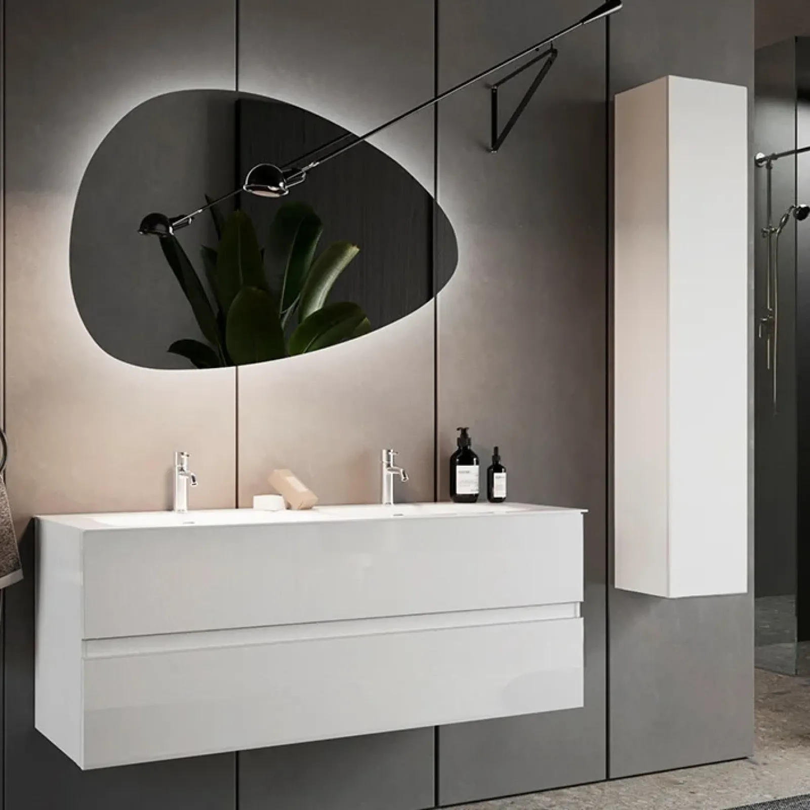 Garnero Arredamenti Mobile Bagno Sospeso-Mobile bagno sospeso 120cm con doppio lavabo e specchio bianco lucido Moon