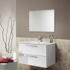 Garnero Arredamenti Mobile Bagno Sospeso-Mobile bagno sospeso 80cm con lavabo e specchio bianco lucido Elton