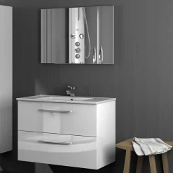 Garnero Arredamenti Mobile Bagno Sospeso-Mobile bagno sospeso 80cm con lavabo e specchio bianco lucido Elton