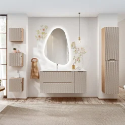 Garnero Arredamenti Mobile Bagno Sospeso-Mobile bagno sospeso 120cm con lavabo, specchio, colonna e 3 pensili beige rovere Swim