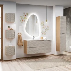 Garnero Arredamenti Mobile Bagno Sospeso-Mobile bagno sospeso 120cm con lavabo, specchio, colonna e 3 pensili beige rovere Swim