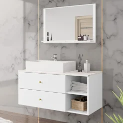 Garnero Arredamenti Mobile Bagno Sospeso-Mobile bagno sospeso 100cm con lavabo e specchio 2 cassetti bianco Krom Bianco Opaco