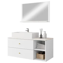 Garnero Arredamenti Mobile Bagno Sospeso-Mobile bagno sospeso 100cm con lavabo e specchio 2 cassetti bianco Krom Bianco Opaco