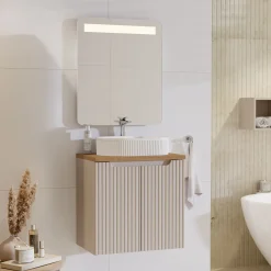 Garnero Arredamenti Mobile Bagno Sospeso-Mobile bagno sospeso 60cm cannettato 2 ante rovere Cleany Beige