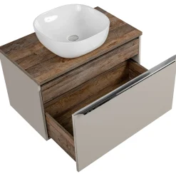 Garnero Arredamenti Mobile Bagno Sospeso-Mobile bagno sospeso 80cm con lavabo, mobile specchio e colonna grigio quercia Serif