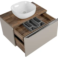 Garnero Arredamenti Mobile Bagno Sospeso-Mobile bagno sospeso 80cm con lavabo, mobile specchio e colonna grigio quercia Serif