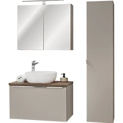 Garnero Arredamenti Mobile Bagno Sospeso-Mobile bagno sospeso 80cm con lavabo, mobile specchio e colonna grigio quercia Serif