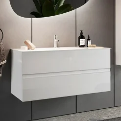 Garnero Arredamenti Mobile Bagno Sospeso-Mobile bagno sospeso 100cm con lavabo 2 cassetti bianco lucido Moon