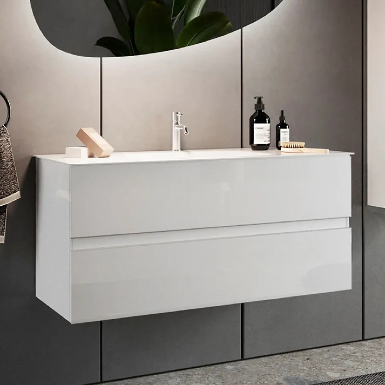 Garnero Arredamenti Mobile Bagno Sospeso-Mobile bagno sospeso 100cm con lavabo 2 cassetti bianco lucido Moon