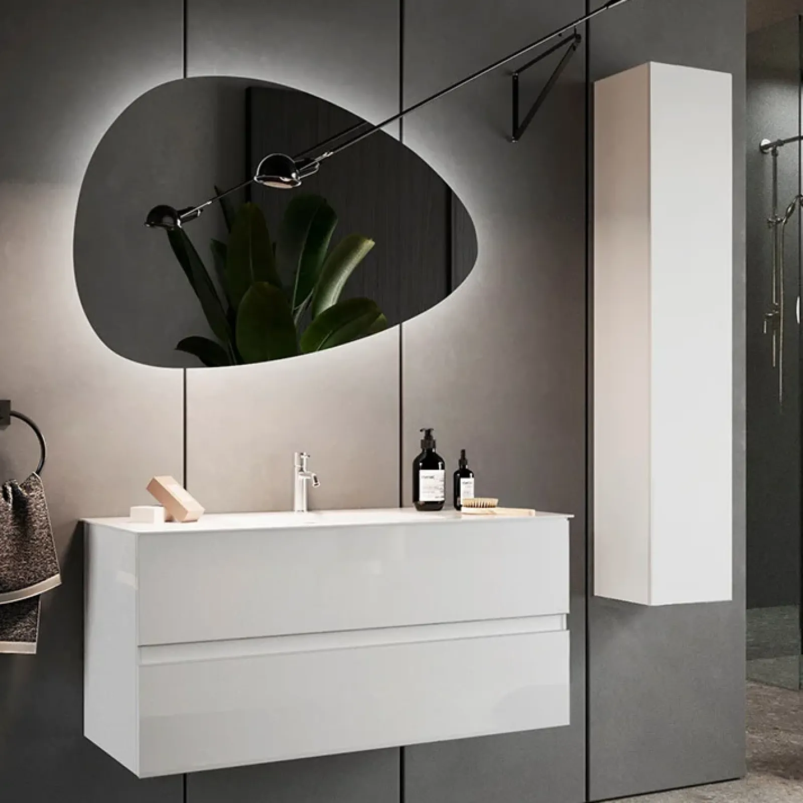 Garnero Arredamenti Mobile Bagno Sospeso-Mobile bagno sospeso 100cm con lavabo 2 cassetti bianco lucido Moon