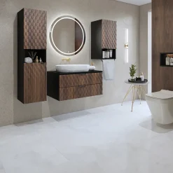 Garnero Arredamenti Mobile Bagno Sospeso-Mobile bagno sospeso 82cm con colonna e pensile nero frontali noce decorati Silvy