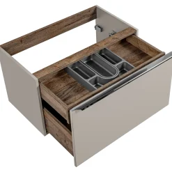 Garnero Arredamenti Mobile Bagno Sospeso-Mobile bagno sospeso 80cm con lavabo, mobile specchio e colonna grigio quercia Serif