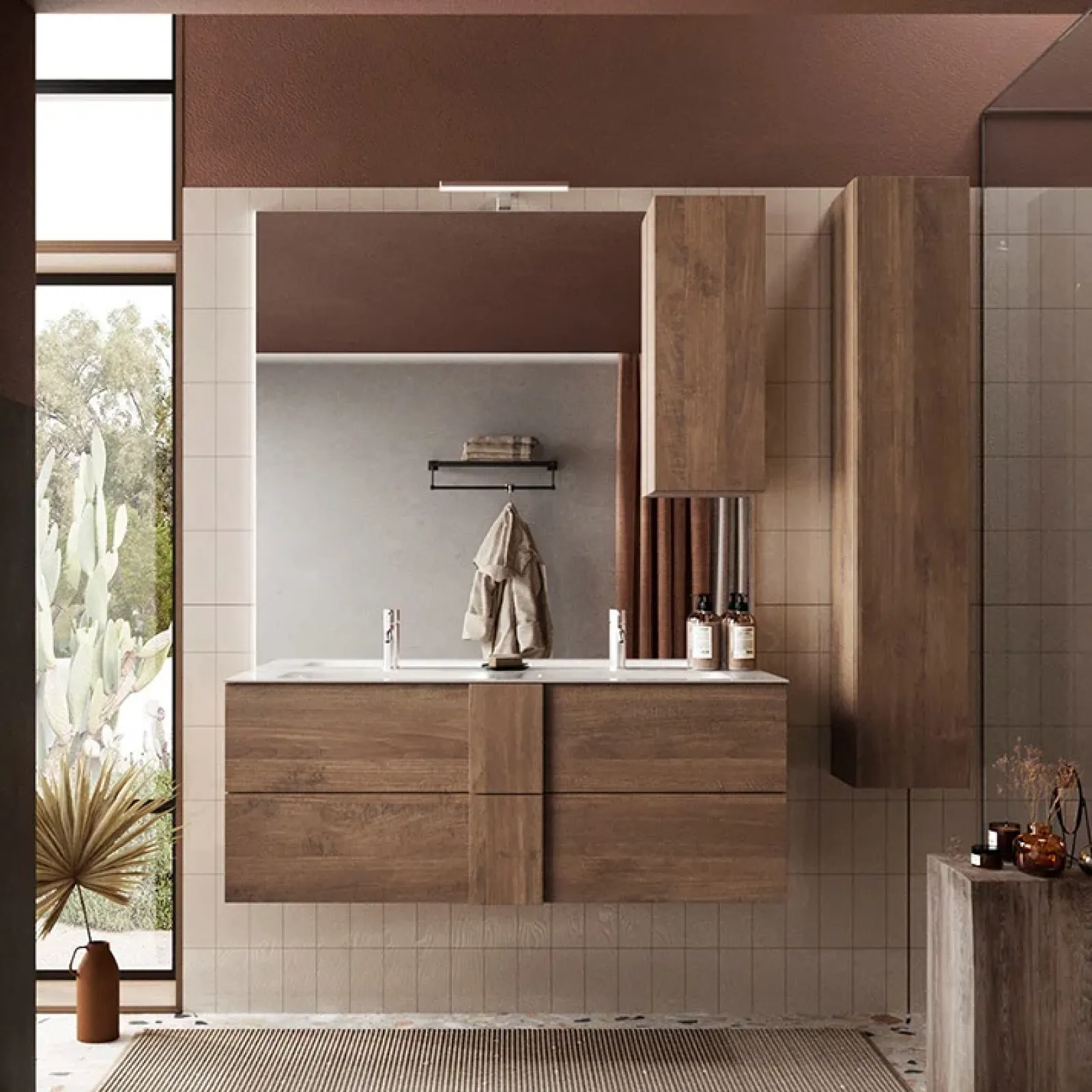 Garnero Arredamenti Mobile Bagno Sospeso-Mobile bagno sospeso 120cm con doppio lavabo 2 cassetti rovere Alvarez
