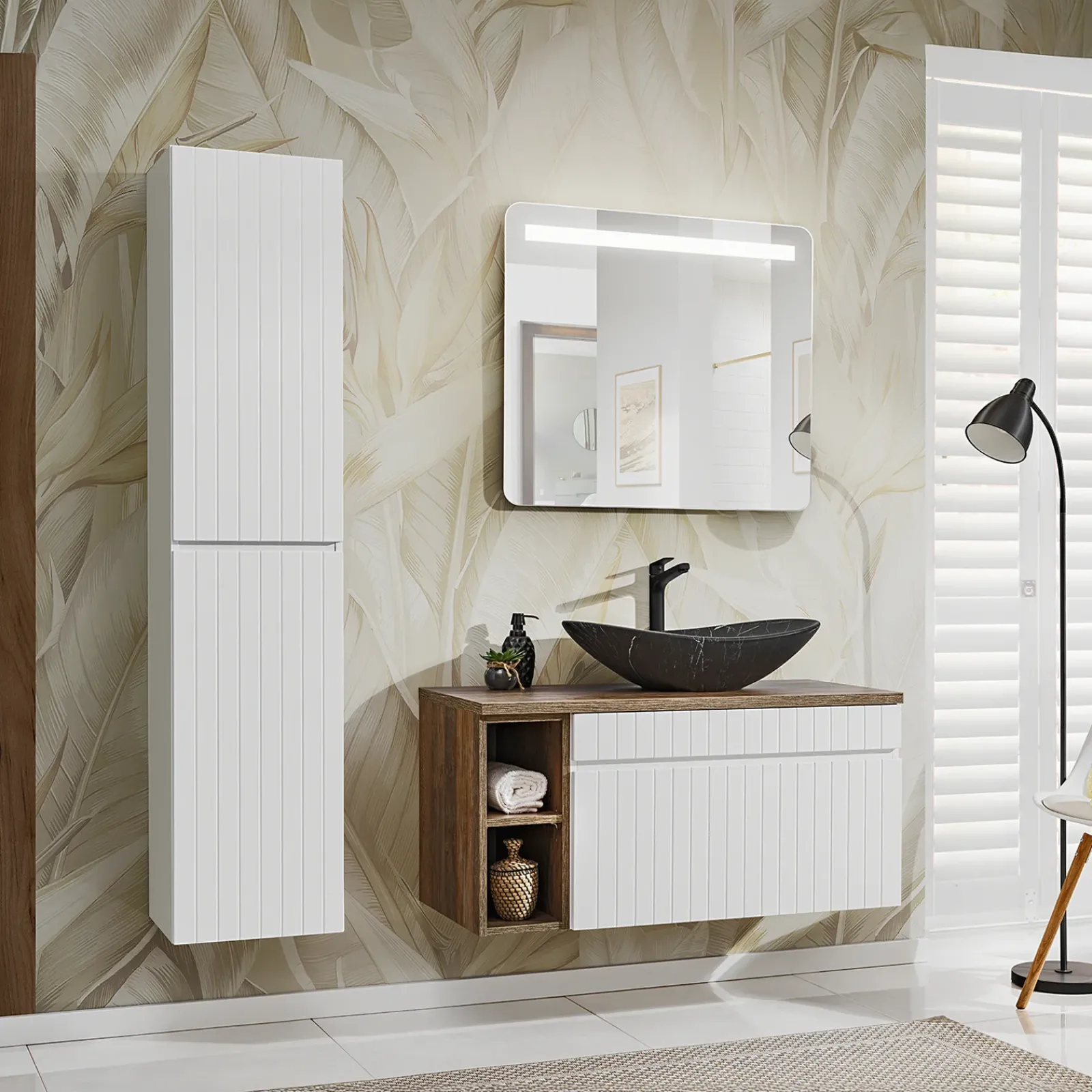 Garnero Arredamenti Mobile Bagno Sospeso-Mobile bagno sospeso 100cm cannettato con lavabo, colonna e specchio quercia Autentic Bianco