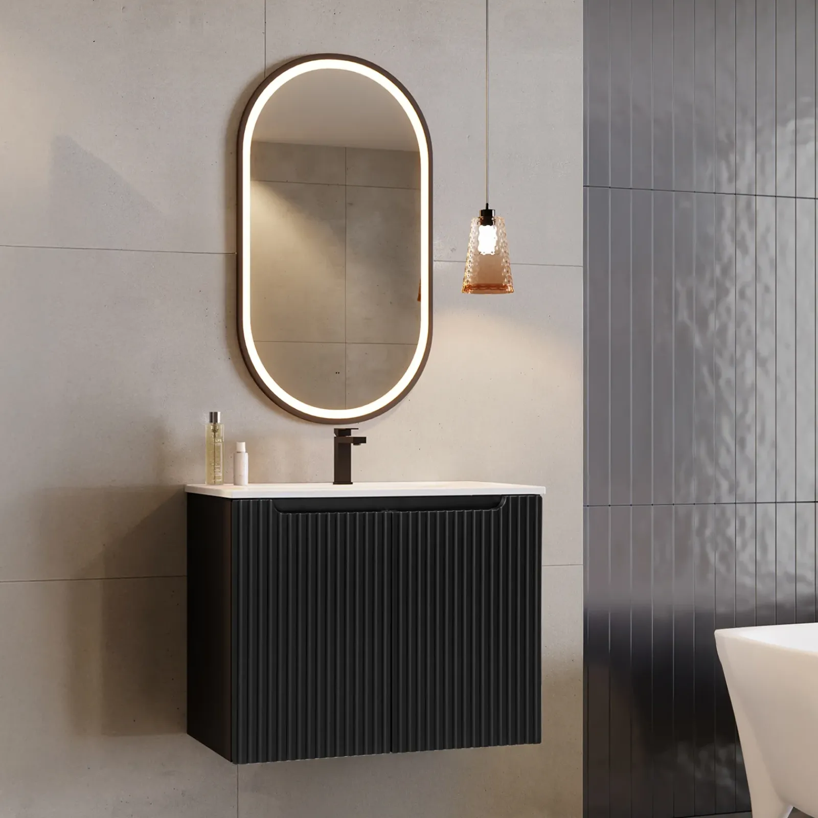 Garnero Arredamenti Mobile Bagno Sospeso-Mobile bagno sospeso 80cm cannettato con lavabo 2 ante Cleany Nero