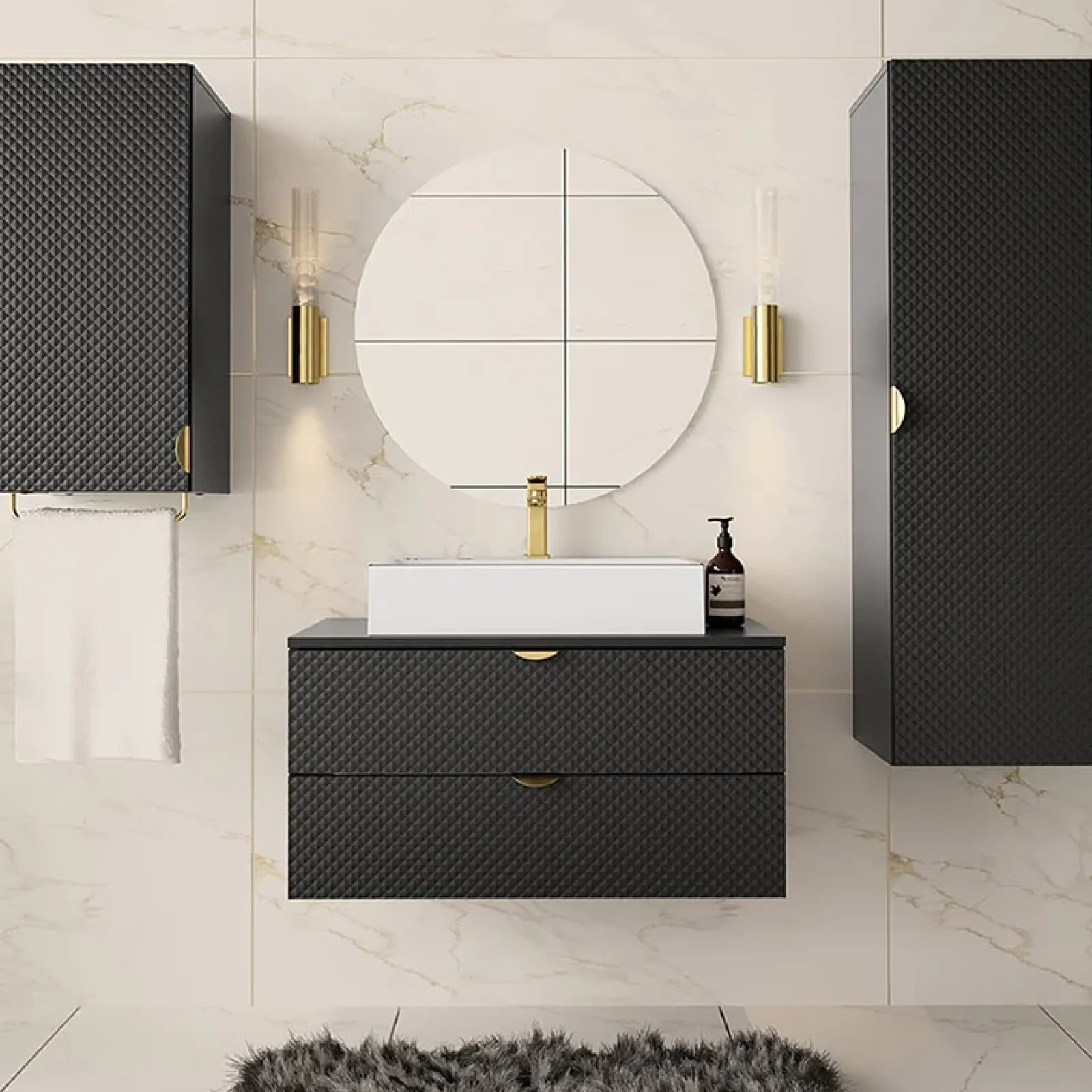 Garnero Arredamenti Mobile Bagno Sospeso-Mobile bagno sospeso 80cm con colonna e pensile nero Hakone Nero Lucido