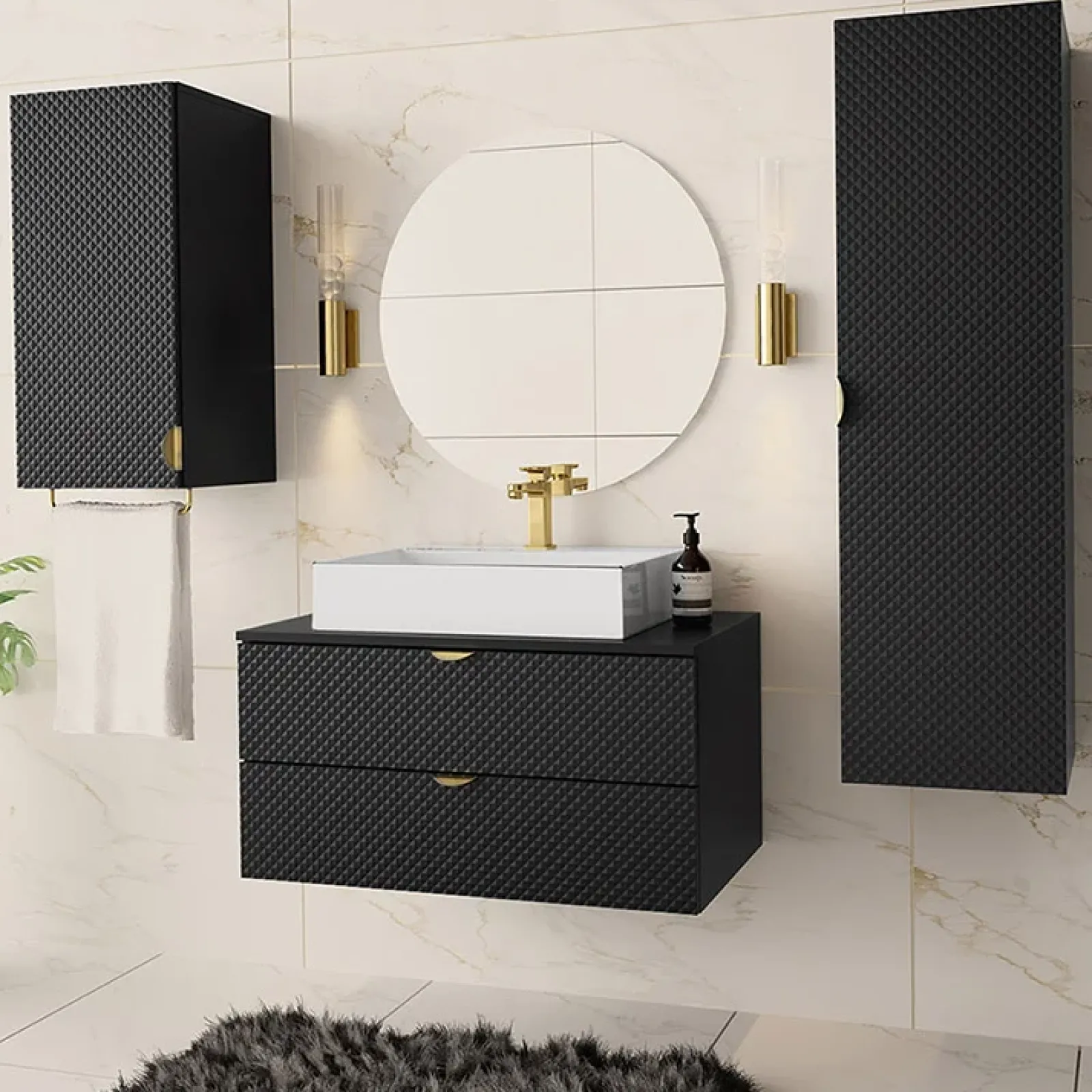 Garnero Arredamenti Mobile Bagno Sospeso-Mobile bagno sospeso 80cm con colonna e pensile nero Hakone Nero Lucido