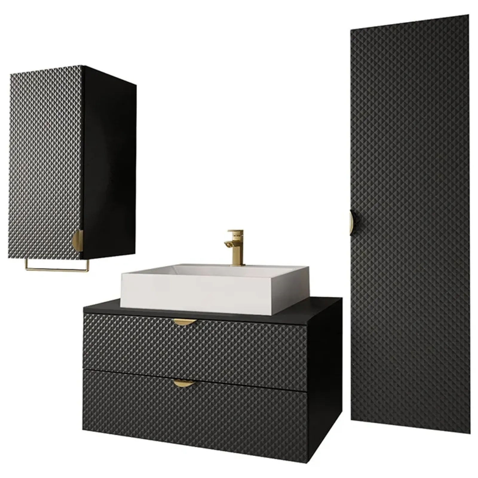 Garnero Arredamenti Mobile Bagno Sospeso-Mobile bagno sospeso 80cm con colonna e pensile nero Hakone Nero Lucido