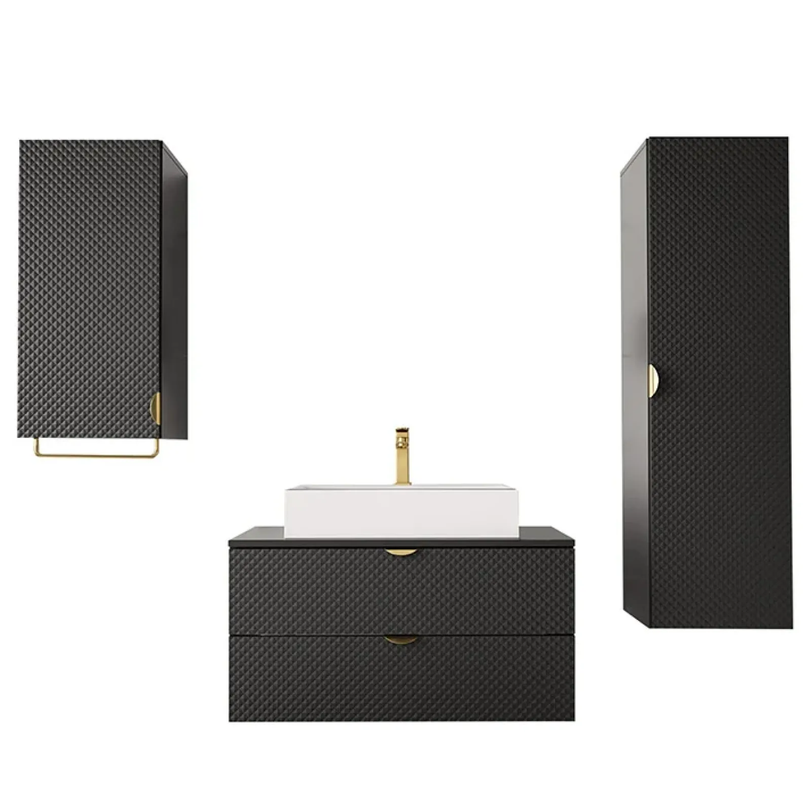 Garnero Arredamenti Mobile Bagno Sospeso-Mobile bagno sospeso 80cm con colonna e pensile nero Hakone Nero Lucido