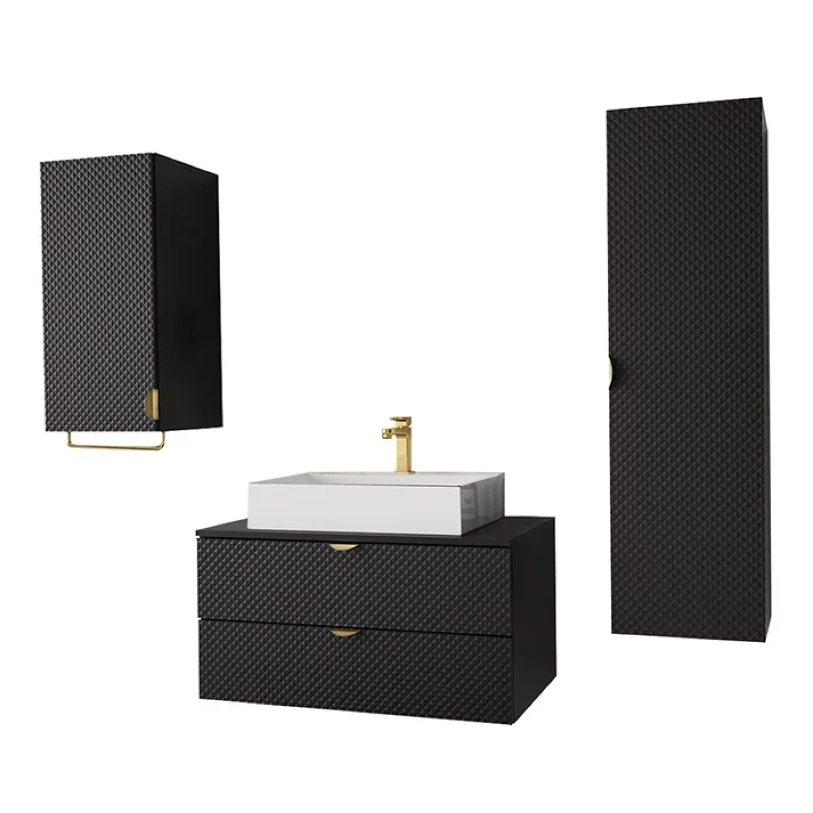 Garnero Arredamenti Mobile Bagno Sospeso-Mobile bagno sospeso 80cm con colonna e pensile nero Hakone Nero Lucido