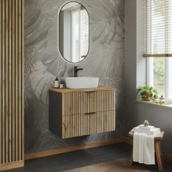 Garnero Arredamenti Mobile Bagno Sospeso-Mobile bagno sospeso 80cm cm 2 cassetti quercia antracite Limpid