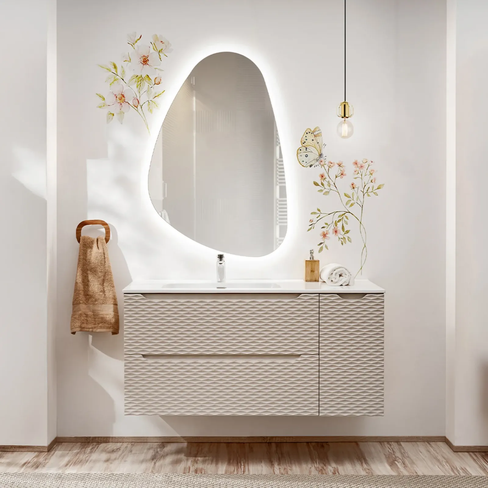 Garnero Arredamenti Mobile Bagno Sospeso-Mobile bagno sospeso 120cm con lavabo da incasso beige rovere Swim Beige - Rovere