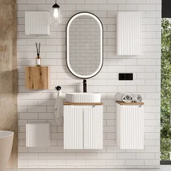 Garnero Arredamenti Mobile Bagno Sospeso-Mobile bagno sospeso 50cm cannettato 2 ante bianco rovere Cleany Bianco Opaco