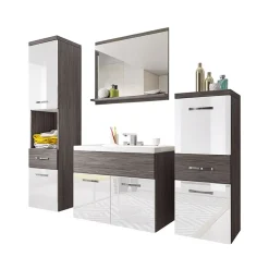 Garnero Arredamenti Mobile Bagno Sospeso-Mobile bagno sospeso 60cm con lavabo, specchio e colonne bianco lucido grigio scuro Loretta Bianco Lucido - Grigio