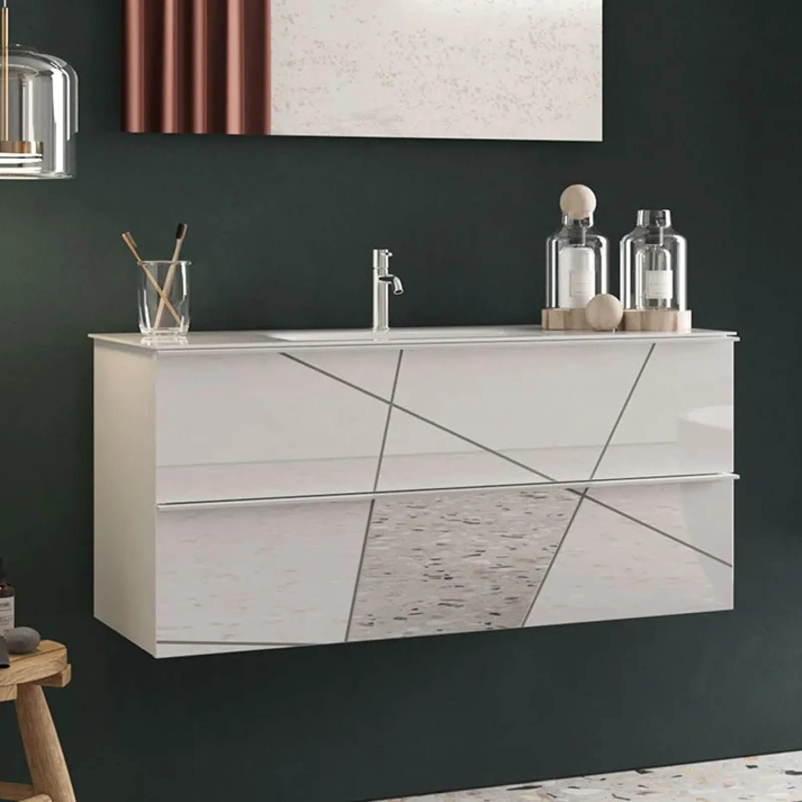 Garnero Arredamenti Mobile Bagno Sospeso-Mobile bagno sospeso 100cm con lavabo 2 cassetti bianco lucido specchi Olimpo