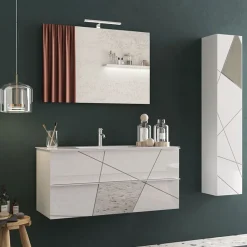 Garnero Arredamenti Mobile Bagno Sospeso-Mobile bagno sospeso 100cm con lavabo 2 cassetti bianco lucido specchi Olimpo