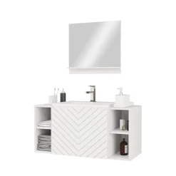 Garnero Arredamenti Mobile Bagno Sospeso-Mobile bagno sospeso 106cm con lavabo e specchio serigrafato bianco Baden 9 Bianco Lucido