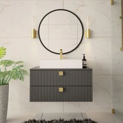 Garnero Arredamenti Mobile Bagno Sospeso-Mobile bagno sospeso 80cm con lavabo 2 cassetti maniglie oro grigio Bursa 4 Grigio - Oro