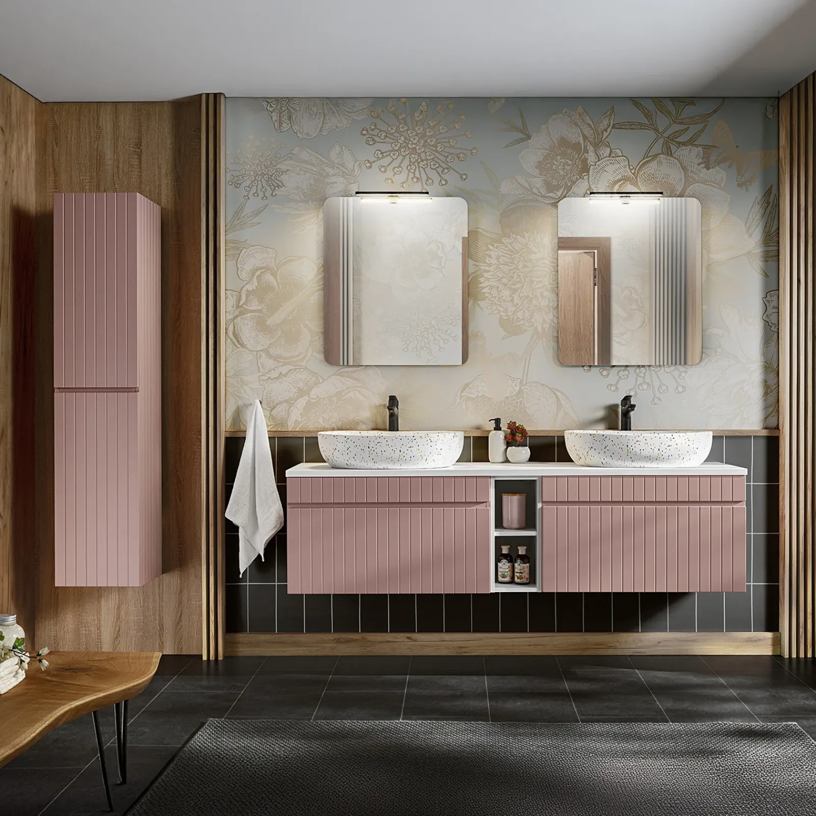 Garnero Arredamenti Mobile Bagno Sospeso-Mobile bagno sospeso 180cm cannettato con 2 lavabi, colonna e 2 specchi Autentic Rosa