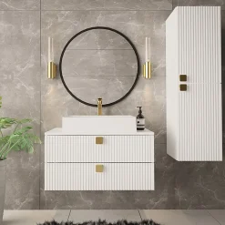 Garnero Arredamenti Mobile Bagno Sospeso-Mobile bagno sospeso 80cm con colonna 2 cassetti bianco Bursa 2 Bianco Lucido - Oro