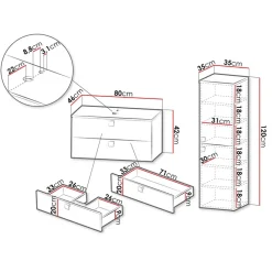 Garnero Arredamenti Mobile Bagno Sospeso-Mobile bagno sospeso 80cm con colonna 2 cassetti bianco Bursa 2 Bianco Lucido - Oro