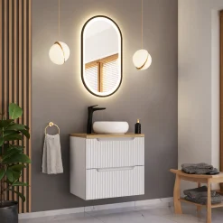 Garnero Arredamenti Mobile Bagno Sospeso-Mobile bagno sospeso 60cm cannettato 2 cassetti bianco rovere Cleany Bianco Opaco