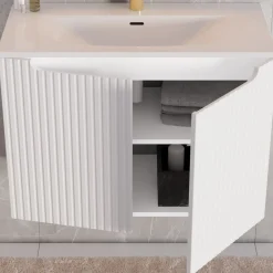 Garnero Arredamenti Mobile Bagno Sospeso-Mobile bagno sospeso 80cm cannettato con lavabo 2 ante bianco Cleany Bianco Opaco