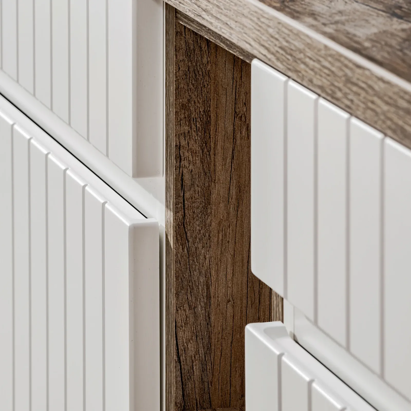 Garnero Arredamenti Mobile Bagno Sospeso-Mobile bagno sospeso 140cm cannettato con 2 lavabi, colonna e specchio bianco quercia Autentic