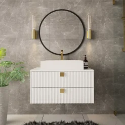 Garnero Arredamenti Mobile Bagno Sospeso-Mobile bagno sospeso 80cm con lavabo 2 cassetti maniglie oro bianco Bursa 4 Bianco Lucido - Oro