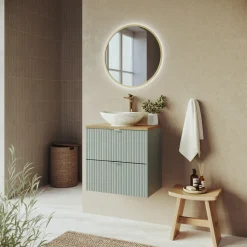 Garnero Arredamenti Mobile Bagno Sospeso-Mobile bagno sospeso 60cm cannettato 2 cassetti verde salvia rovere Greeny