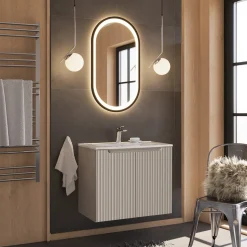 Garnero Arredamenti Mobile Bagno Sospeso-Mobile bagno sospeso 80cm cannettato con lavabo 2 ante Cleany Beige