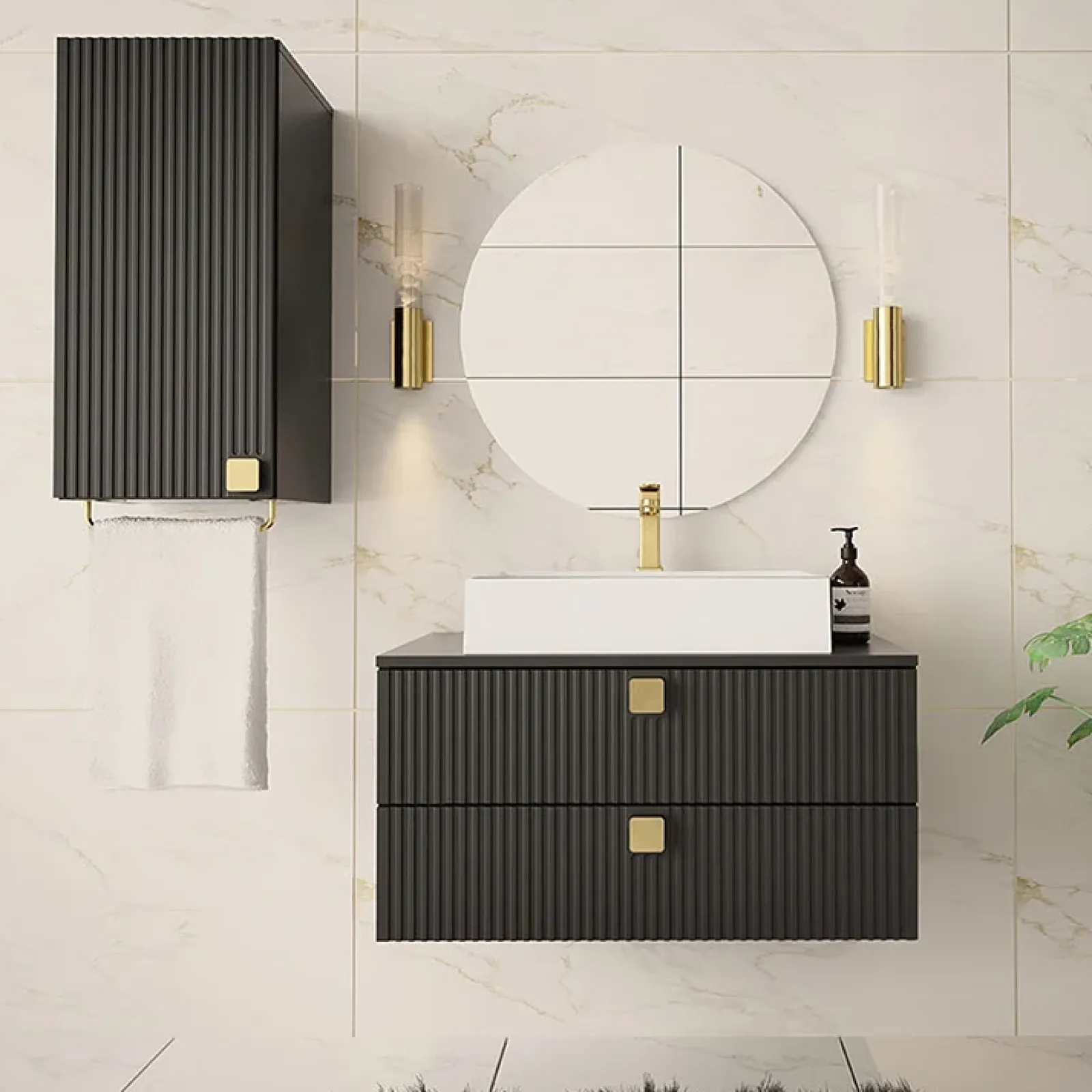 Garnero Arredamenti Mobile Bagno Sospeso-Mobile bagno sospeso 80cm con pensile 2 cassetti nero Bursa 3 Nero Lucido - Oro