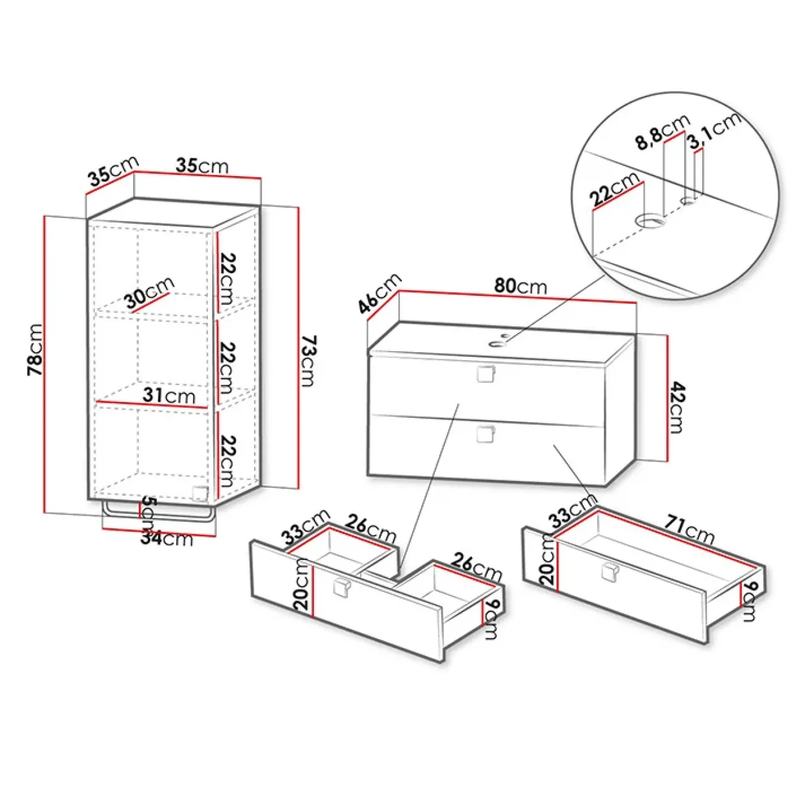 Garnero Arredamenti Mobile Bagno Sospeso-Mobile bagno sospeso 80cm con pensile 2 cassetti nero Bursa 3 Nero Lucido - Oro